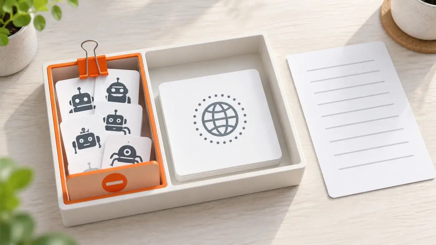 Sortierkasten mit einem orangefarbenen Fach voller Roboter-Symbole, daneben ein Fach mit Globus-Symbol und ein Textblatt