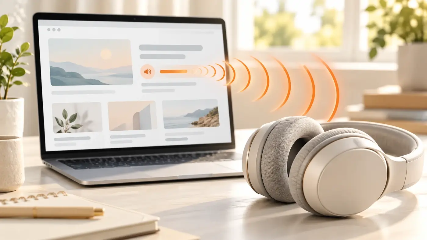 Laptop mit Webseite, von der orangefarbene Schallwellen zu einem Kopfhörer führen – Screenreader-Test der Website