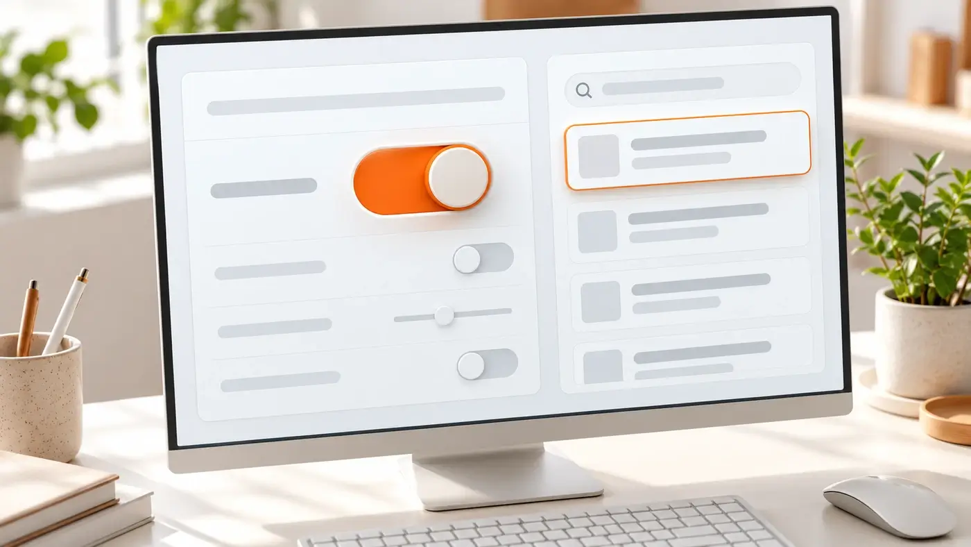Monitor mit Einstellungsseite, ein orangefarbener Kippschalter ist hervorgehoben, daneben weitere Optionen