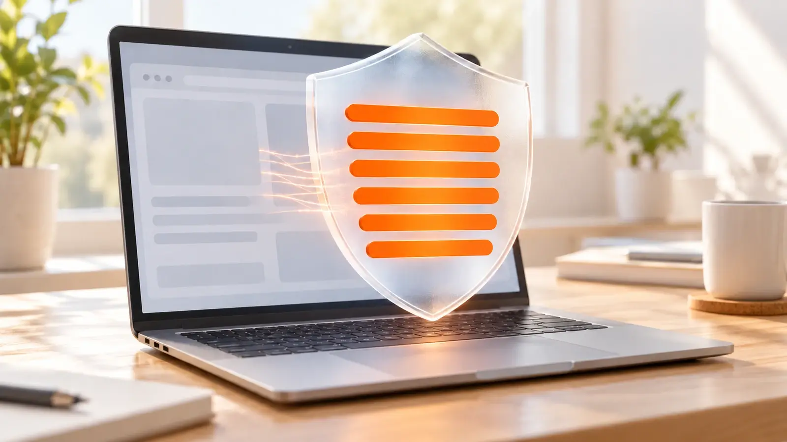 Laptop mit orangefarbenem Schutzschild als Symbol für Sicherheitsheader einer WordPress-Website