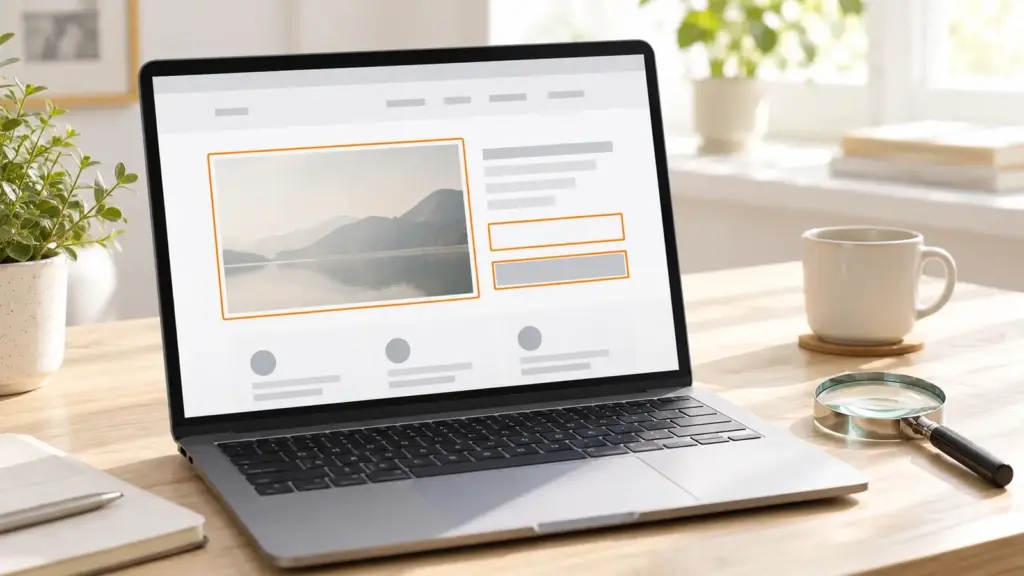 Laptop mit Webseite, auf der ein Prüftool für Barrierefreiheit Bild und Formularfeld orange markiert, daneben eine Lupe