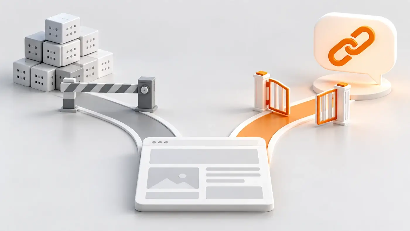 Eine Seite mit zwei Wegen: Der graue Weg zu einem Datenstapel ist mit einer Schranke gesperrt, der orangefarbene Weg zu einem Link-Symbol ist offen