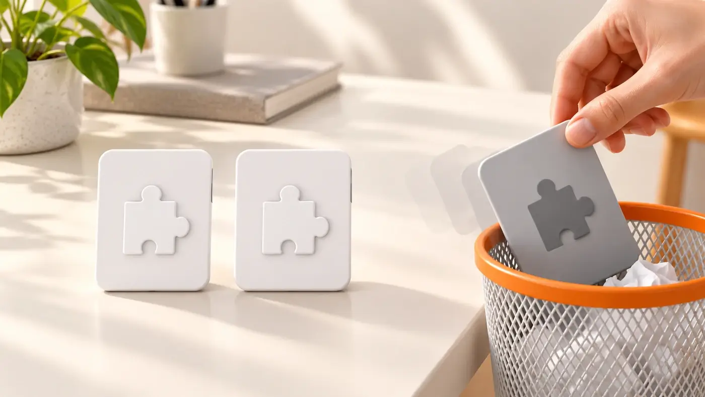 Hand wirft eine graue Plugin-Karte mit Puzzle-Symbol in einen Papierkorb, daneben zwei weiße Plugin-Karten