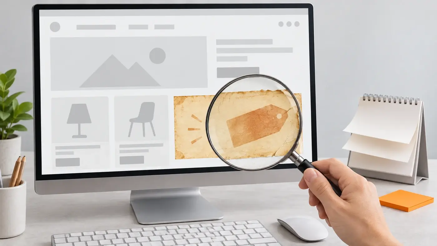 Monitor mit Website, eine Lupe zeigt ein verblasstes Rabatt-Banner, daneben ein Tischkalender