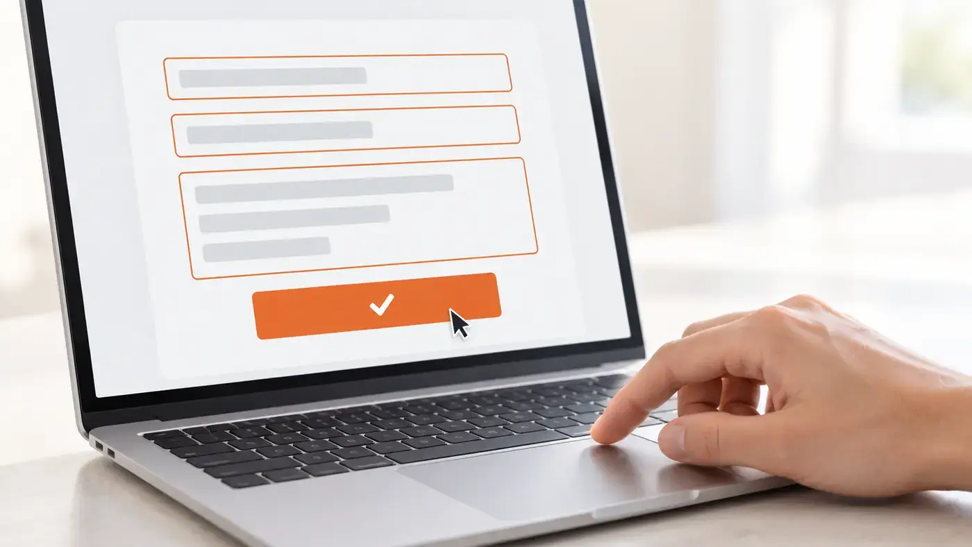 Laptop mit vorausgefülltem Formular und orange markierten Feldern, eine Hand betätigt selbst den Absenden-Button