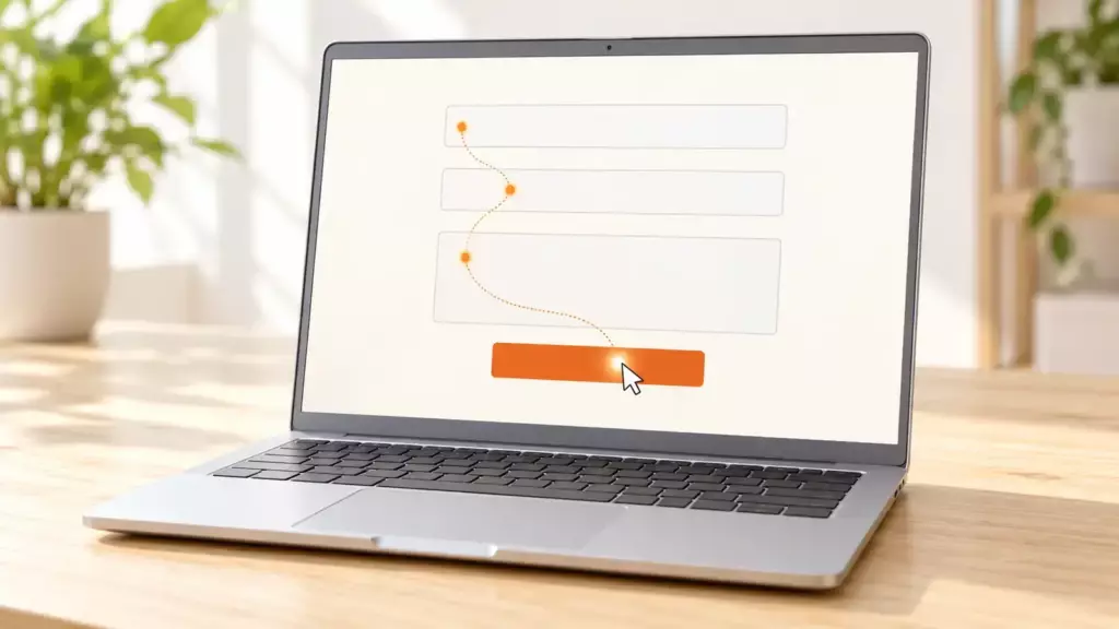 Laptop mit Webformular im Browser, ein Cursor klickt den orangefarbenen Absenden-Button – Website für KI-Agenten