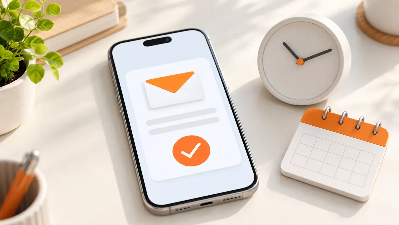 Smartphone zeigt eine E-Mail mit orangem Häkchen, daneben Uhr und Kalender – Eingangsbestätigung mit Datum und Uhrzeit