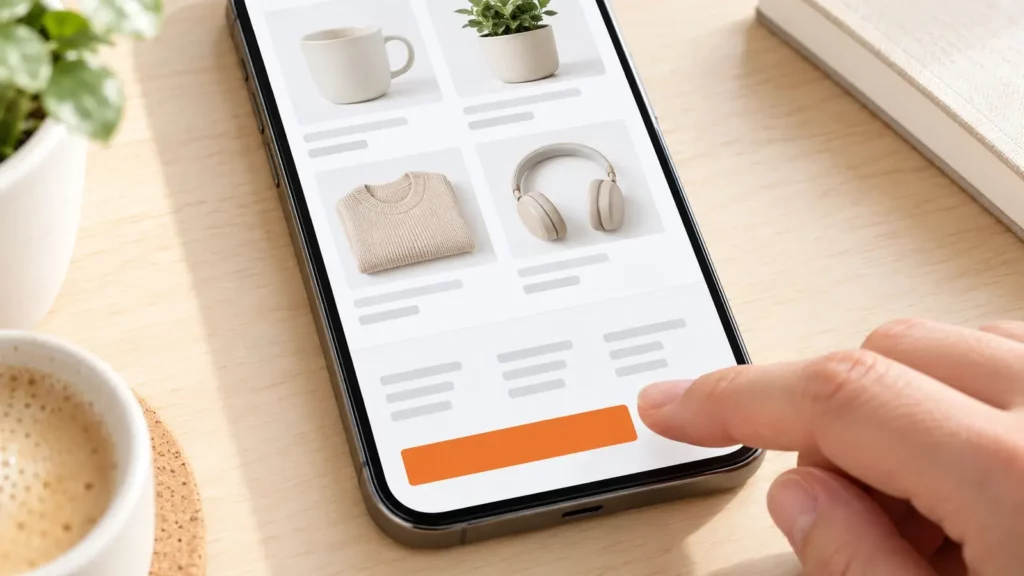 Smartphone mit Onlineshop-Ansicht, ein Finger tippt auf den orange hervorgehobenen Button im Footer – Sinnbild für den Widerrufsbutton