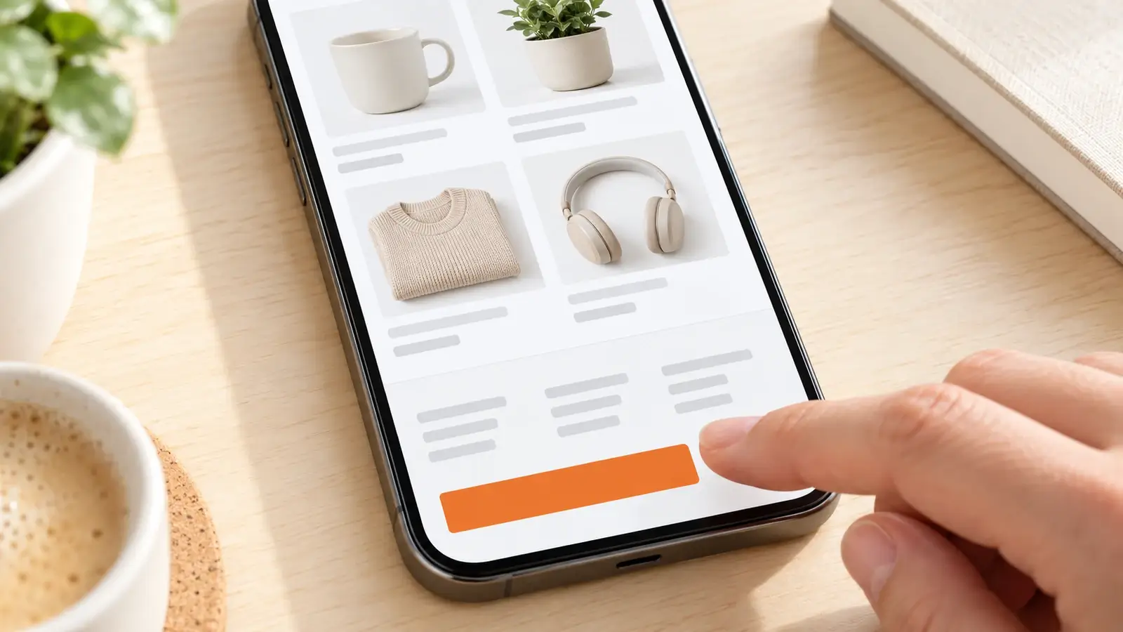 Smartphone mit Onlineshop-Ansicht, ein Finger tippt auf den orange hervorgehobenen Button im Footer – Sinnbild für den Widerrufsbutton