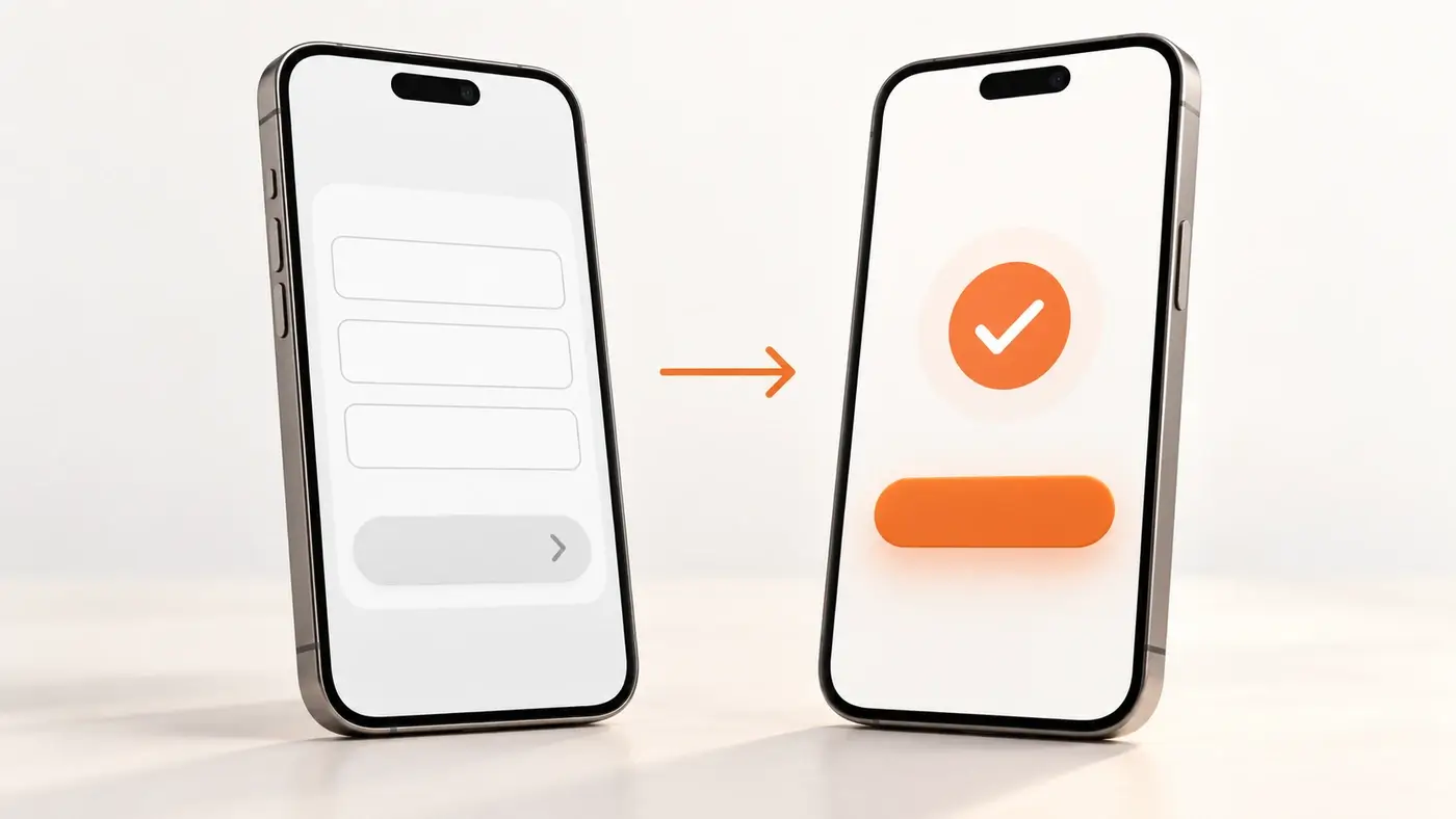 Zwei Smartphones mit Pfeil dazwischen: links ein kurzes Formular, rechts ein oranges Häkchen mit Bestätigungs-Button – zweistufiger Widerruf