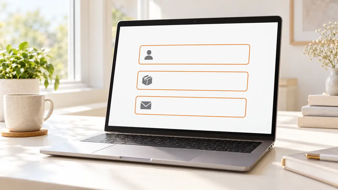 Laptop mit schlankem Formular aus drei orange umrandeten Feldern für Name, Bestellung und E-Mail-Adresse