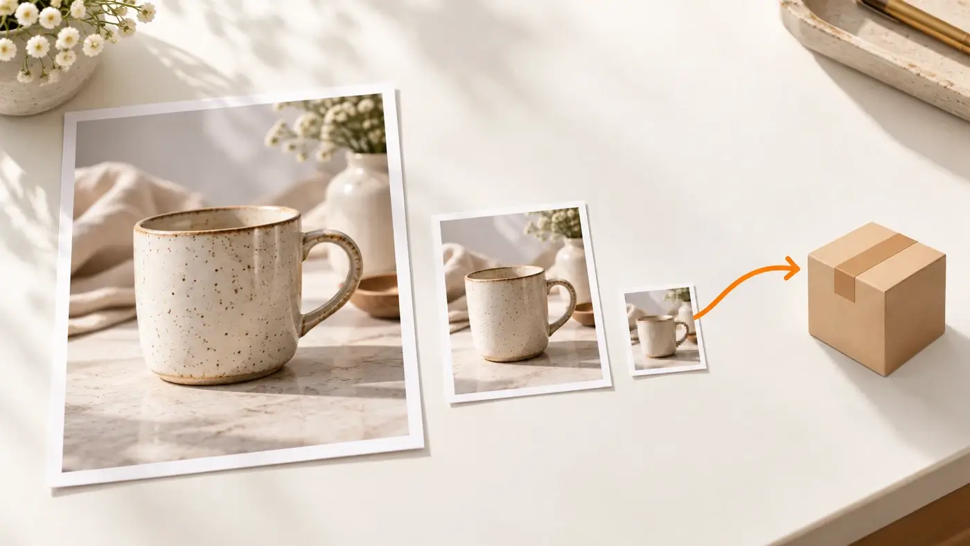 Großes Produktfoto einer Tasse, daneben eine kleine Vorschau-Version, die per orangefarbenem Pfeil in ein Feed-Paket wandert