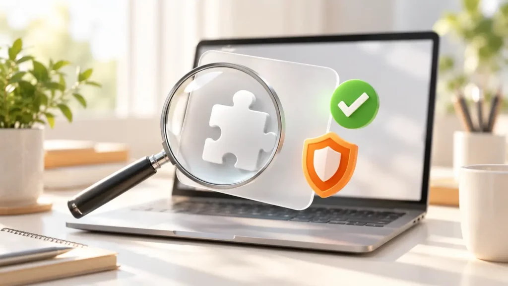 Lupe über einer Plugin-Karte mit Puzzle-Symbol vor einem Laptop, daneben Haken und Schutzschild