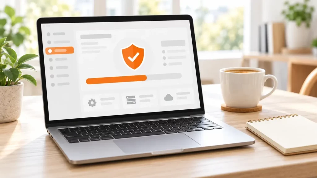 Laptop mit WordPress-Dashboard, in der Mitte ein orangefarbenes Schutzschild mit Haken für ein eingespieltes Sicherheitsupdate